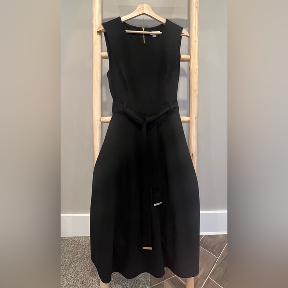 Calvin Klein size12 Belted Midi Black Dress Gold zip sleeveless cocktail formal - Picture 13 of 13